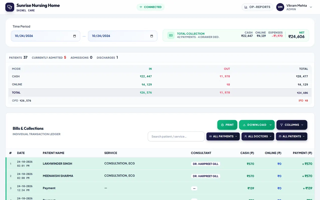 Reports: total collection, cash, online, expenses and net, with the transaction list