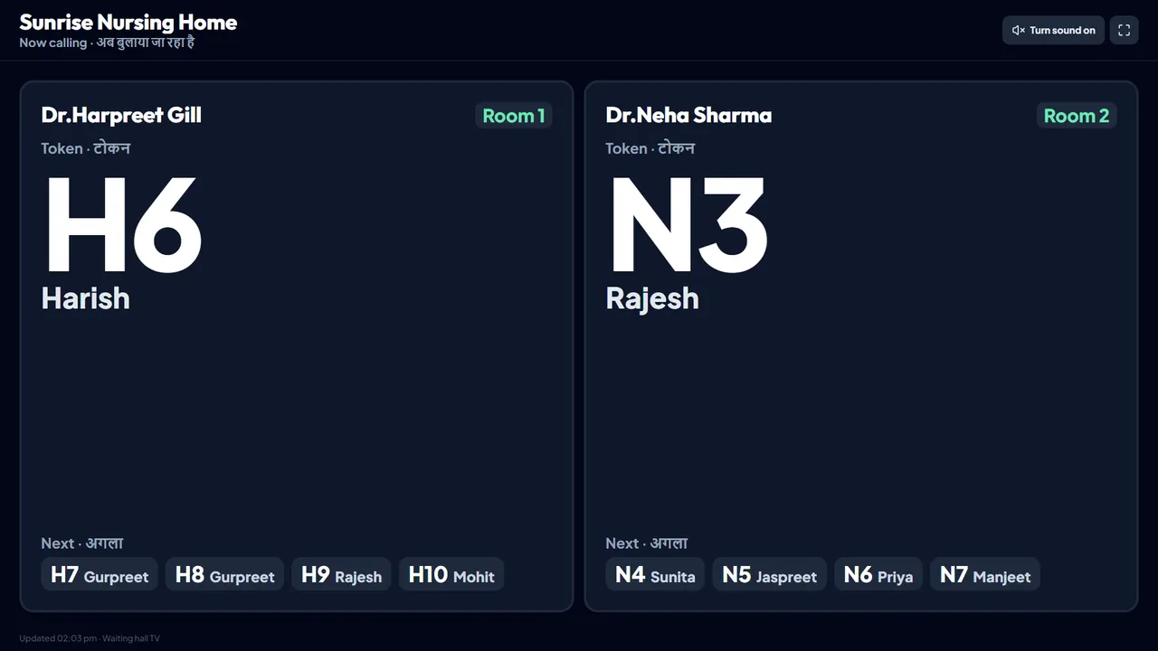 Waiting-room TV: Now calling, token per doctor and room, in English and Hindi