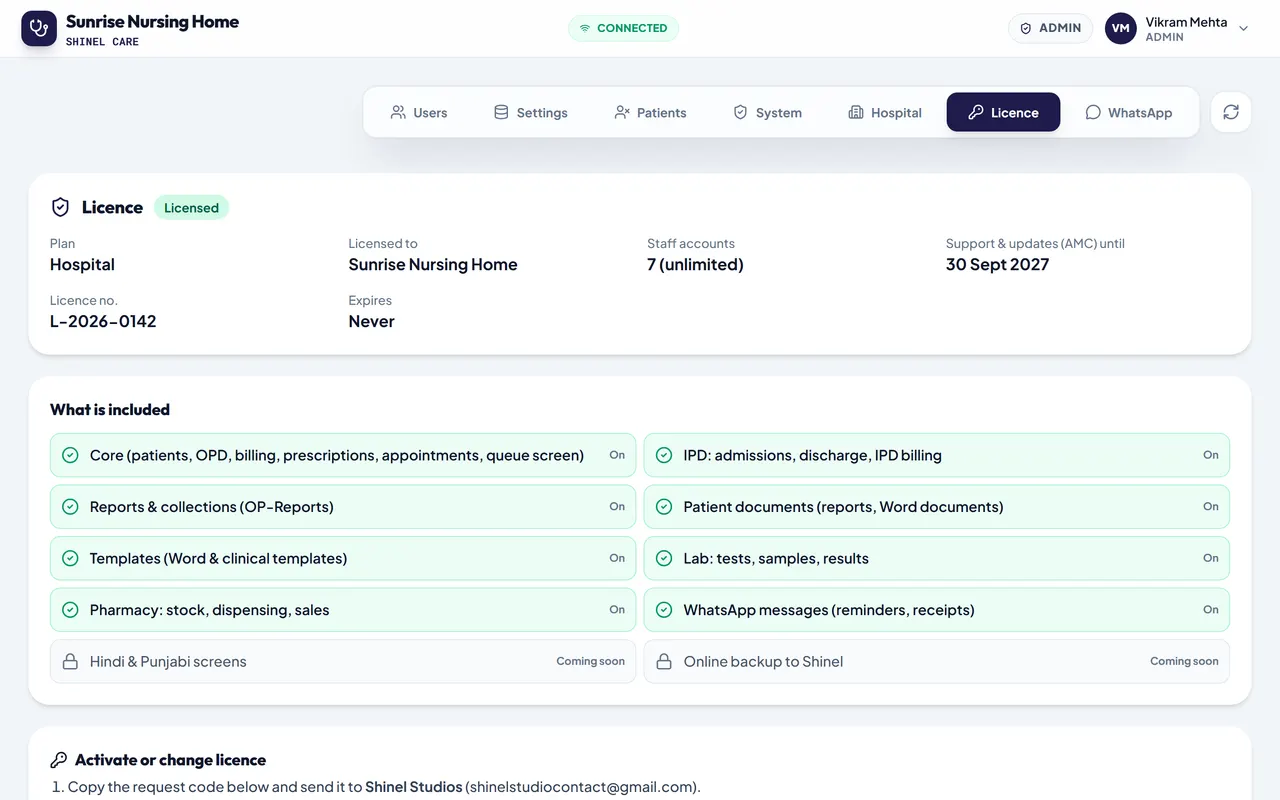 Admin > Licence screen: licensed, Hospital plan, AMC date and modules