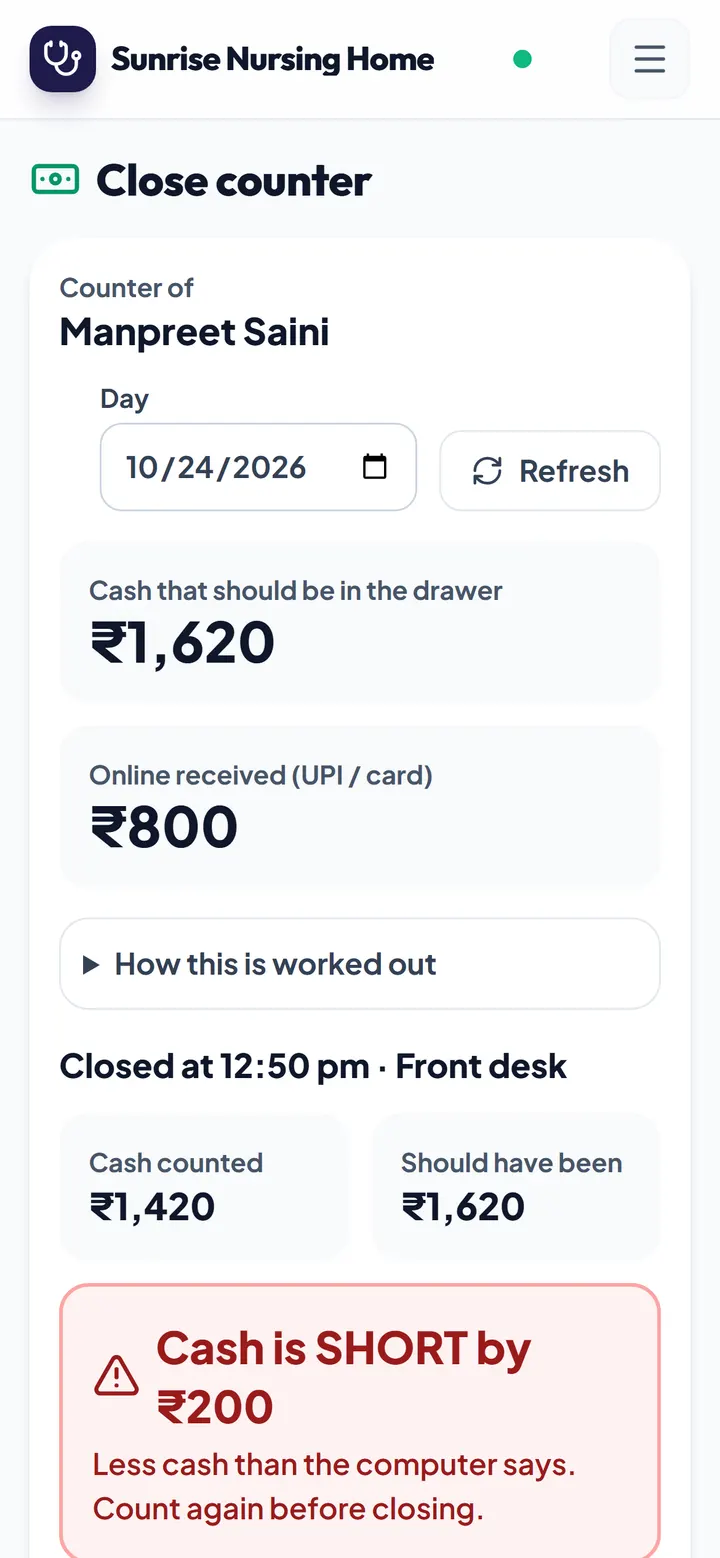 Phone: counter closed, Cash is SHORT by 200 rupees